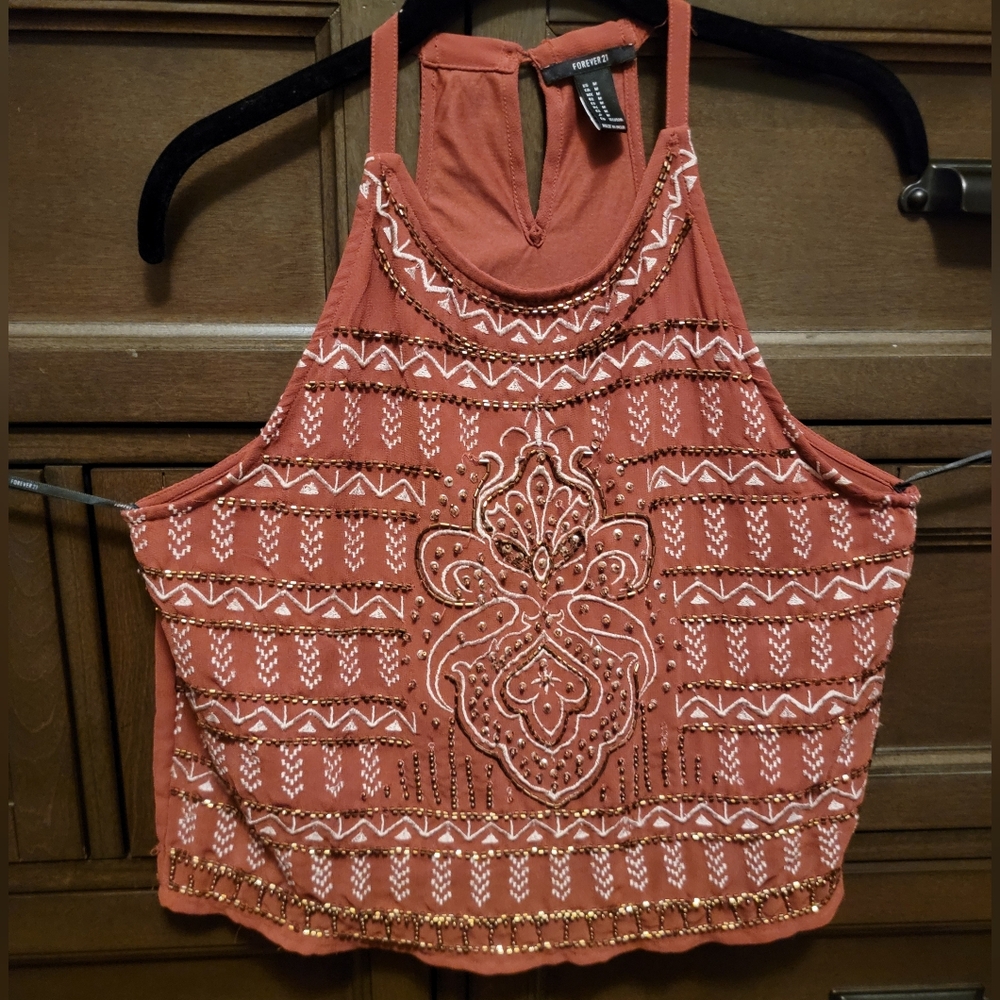 Forever 21 Trendy Beaded Halter Top in Rust